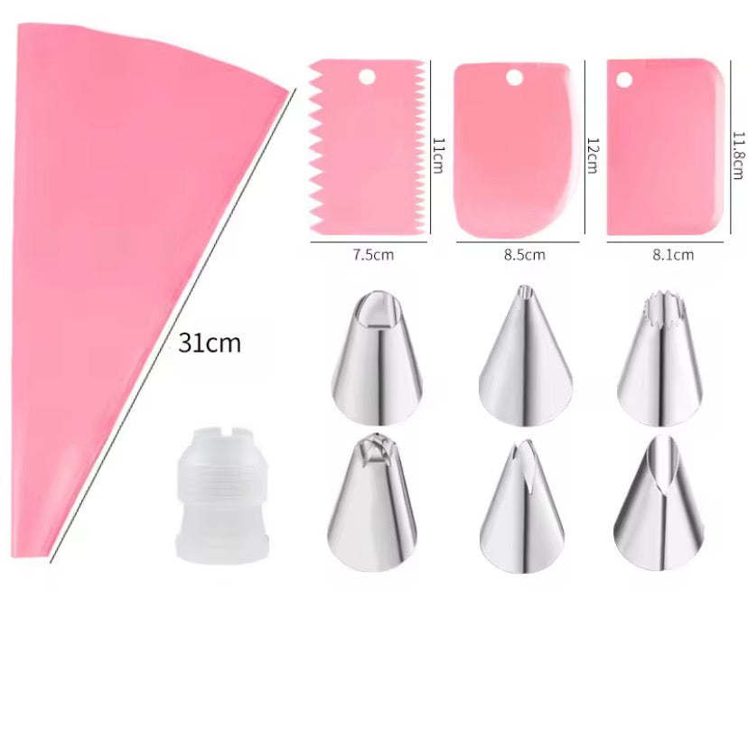 Cake Decorating Kit with Reusable Piping Bags, Stainless Steel Nozzles & Scraper Tools.