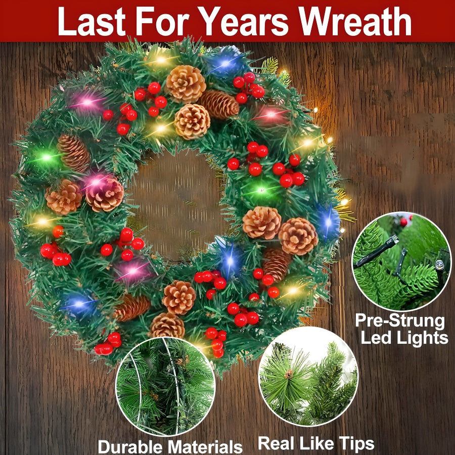 24″ Holiday Pine Wreath – Multi-Colour LED Option, Pre-Lit & Unlit Styles