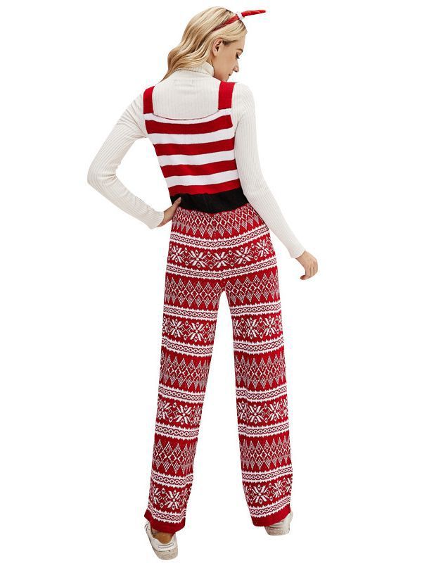 Christmas Clothes Knitted Suspender Pants Loose Christmas Snowflake Knitted Jumpsuit