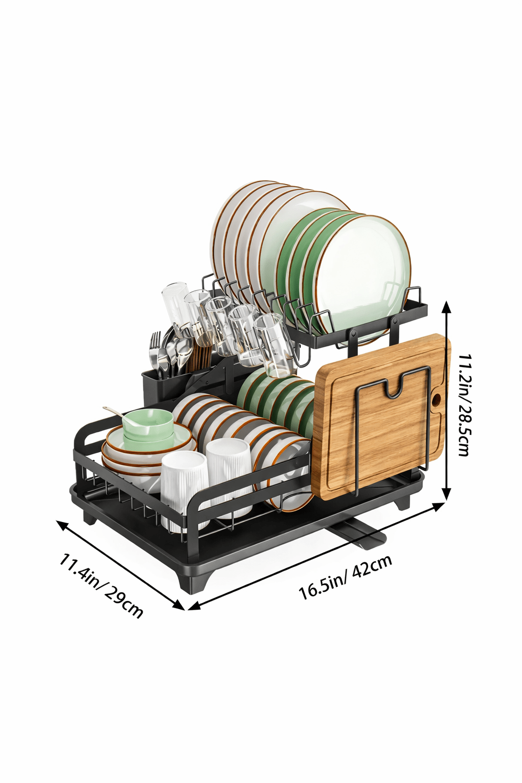 2 - Tier Kitchen Dish Drying Rack with Automatic Drain & Cutting Board Holder - Glowonlite - Glowonlite