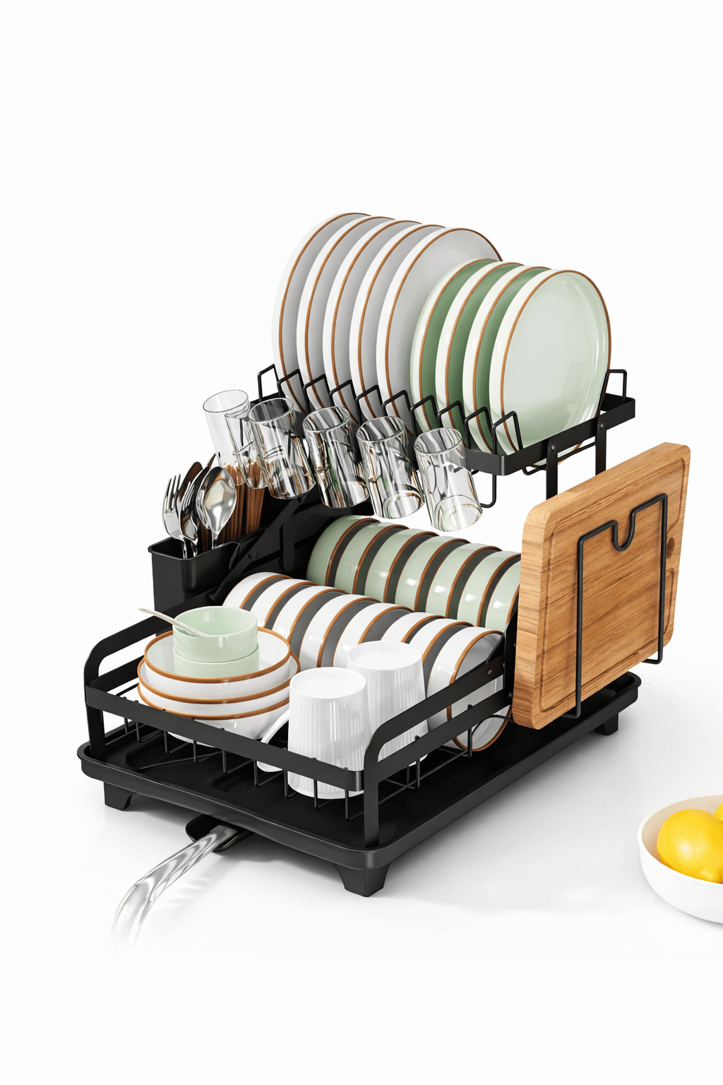 2 - Tier Kitchen Dish Drying Rack with Automatic Drain & Cutting Board Holder - Glowonlite - Glowonlite