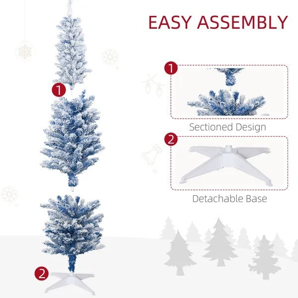 6' Flocked Christmas Trees, Pencil Prelit Artificial Christmas Tree With Snow Branches, Blue