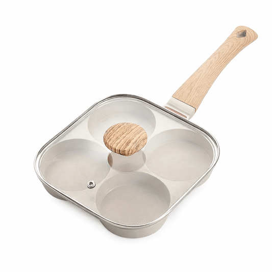4 - Compartment Non - Stick Frying Pan with Glass Lid & Wooden Handle - Glowonlite - Glowonlite