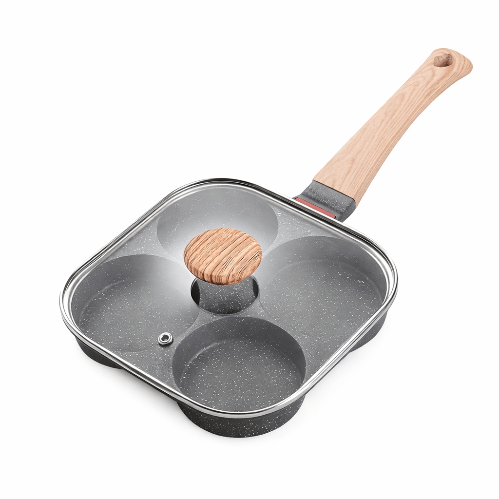 4 - Compartment Non - Stick Frying Pan with Glass Lid & Wooden Handle - Glowonlite - Glowonlite