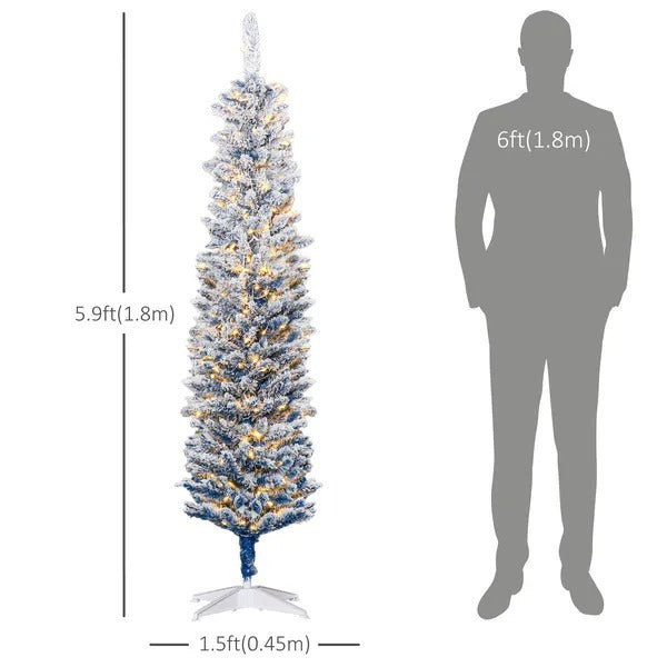 6' Flocked Christmas Trees, Pencil Prelit Artificial Christmas Tree With Snow Branches, Blue