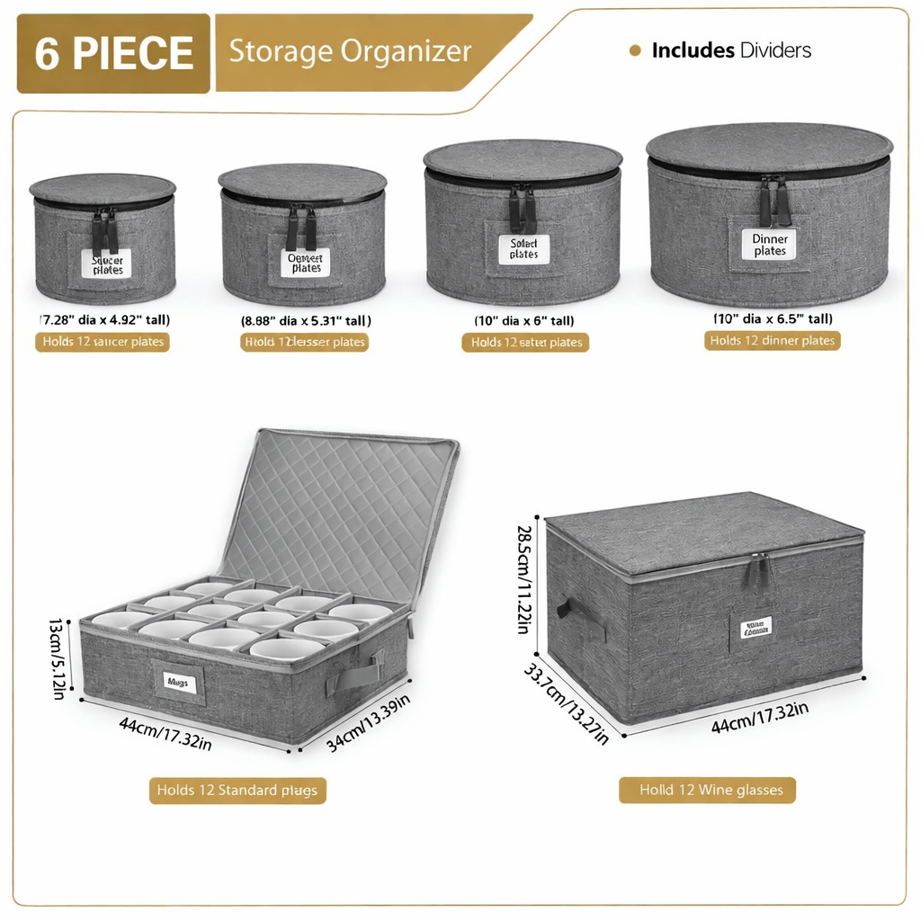 6 - Piece Premium Dish & Mug Storage Organizer Set – Padded Protection with Dividers - Glowonlite - Glowonlite