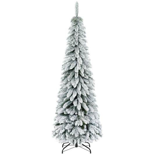 6' Artificial Slim Flocked Christmas Trees, With Snow Frosted Branches, Downswept Shape, Steel Base