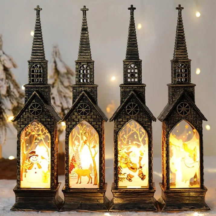Vintage Christmas Church LED Light Lanterns (4-Piece Set)