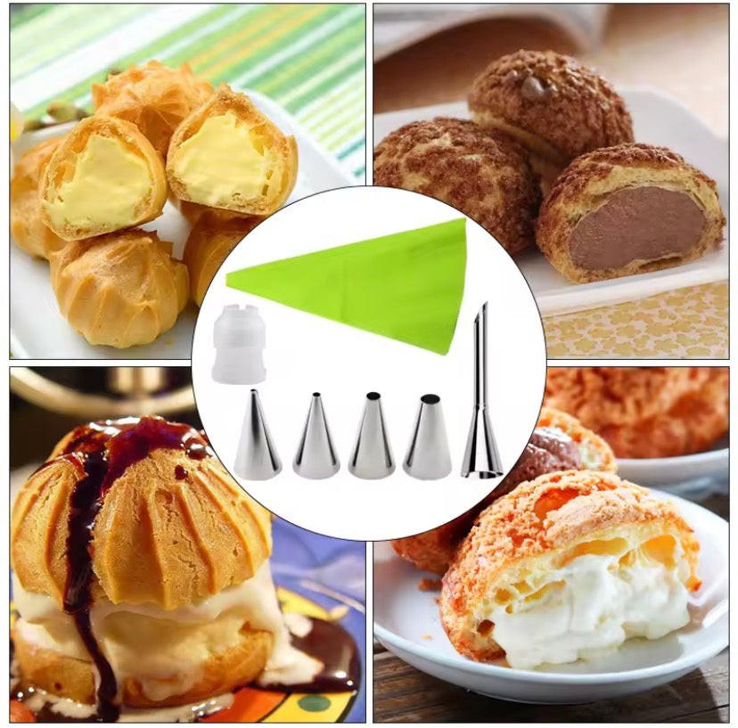 Cake Decorating Kit with Reusable Piping Bags, Stainless Steel Nozzles & Scraper Tools.