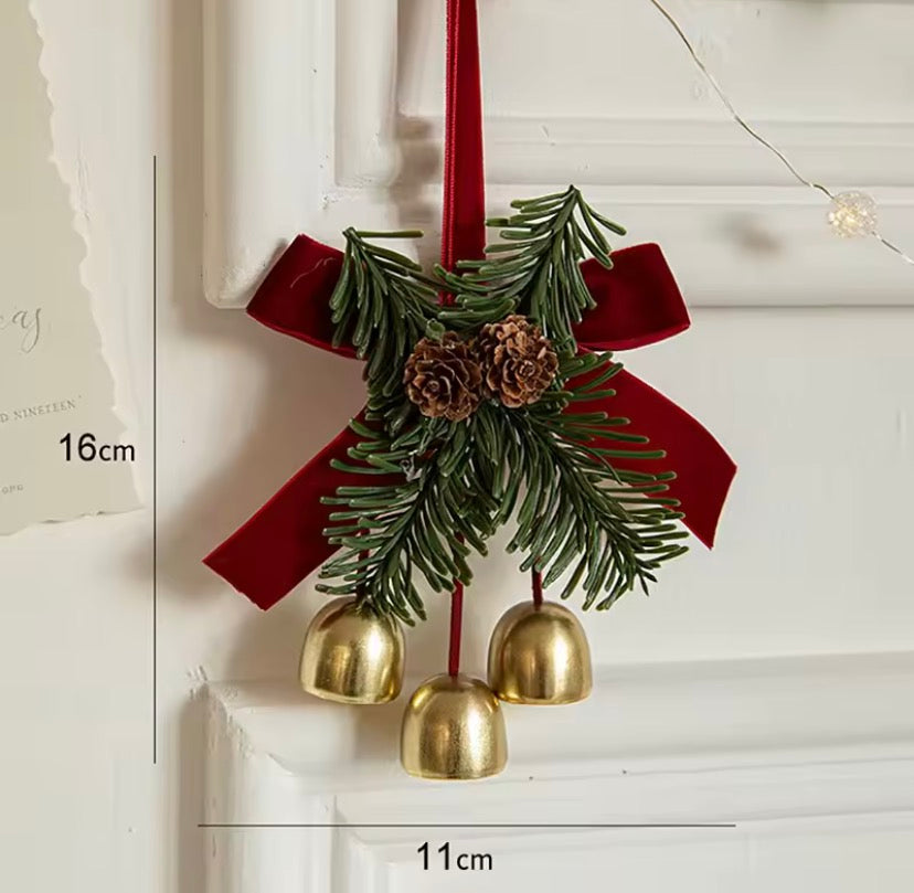 Christmas Hanging Bell Ornament with Pine Leaves & Velvet Bow