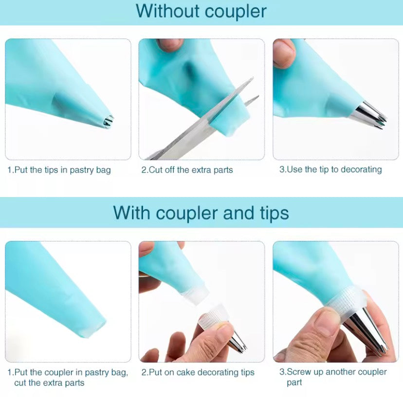 Cake Decorating Kit with Reusable Piping Bags, Stainless Steel Nozzles & Scraper Tools.