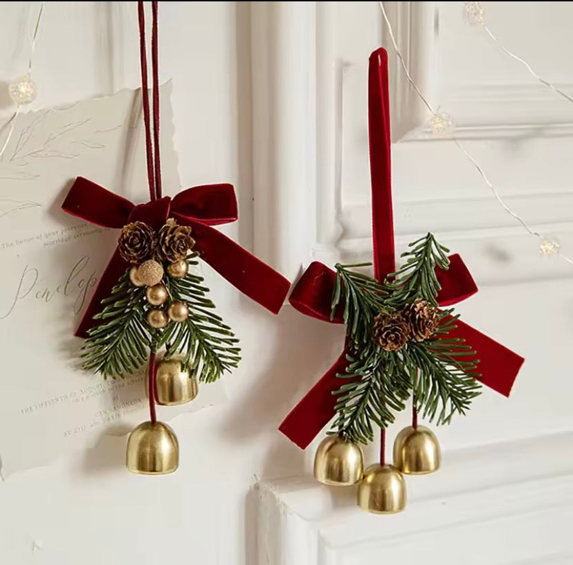Christmas Hanging Bell Ornament with Pine Leaves & Velvet Bow