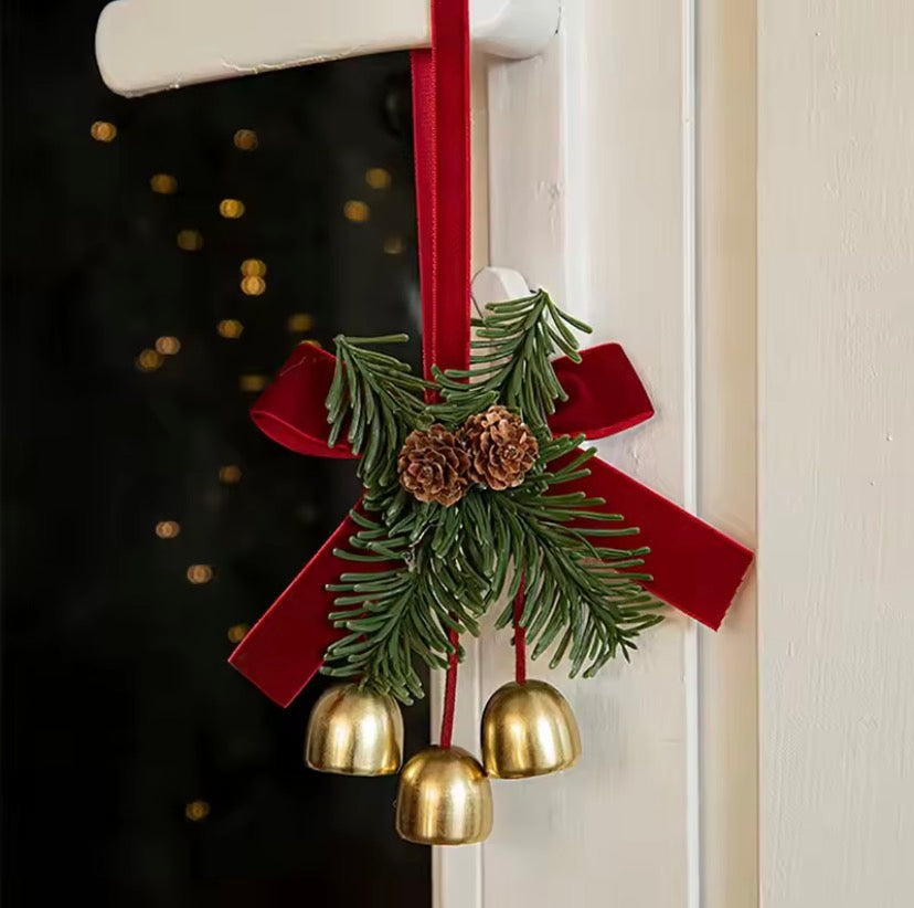 Christmas Hanging Bell Ornament with Pine Leaves & Velvet Bow