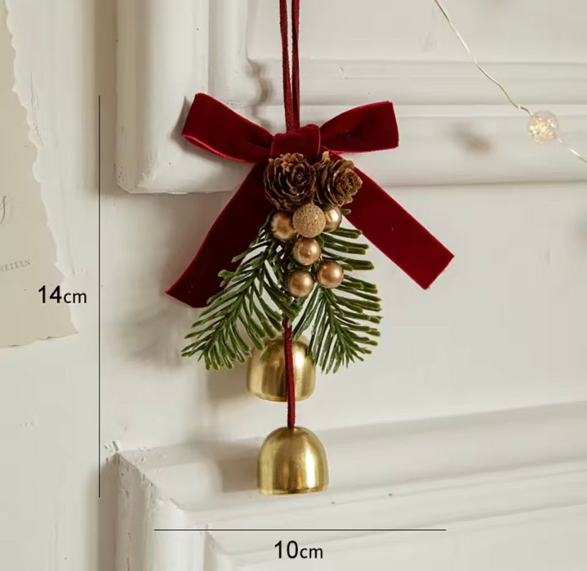 Christmas Hanging Bell Ornament with Pine Leaves & Velvet Bow