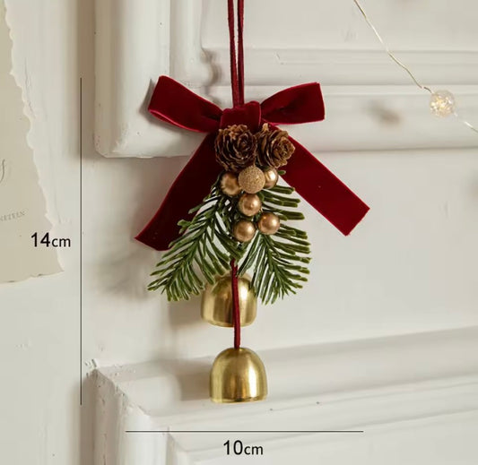 Christmas Hanging Bell Ornament with Pine Leaves & Velvet Bow