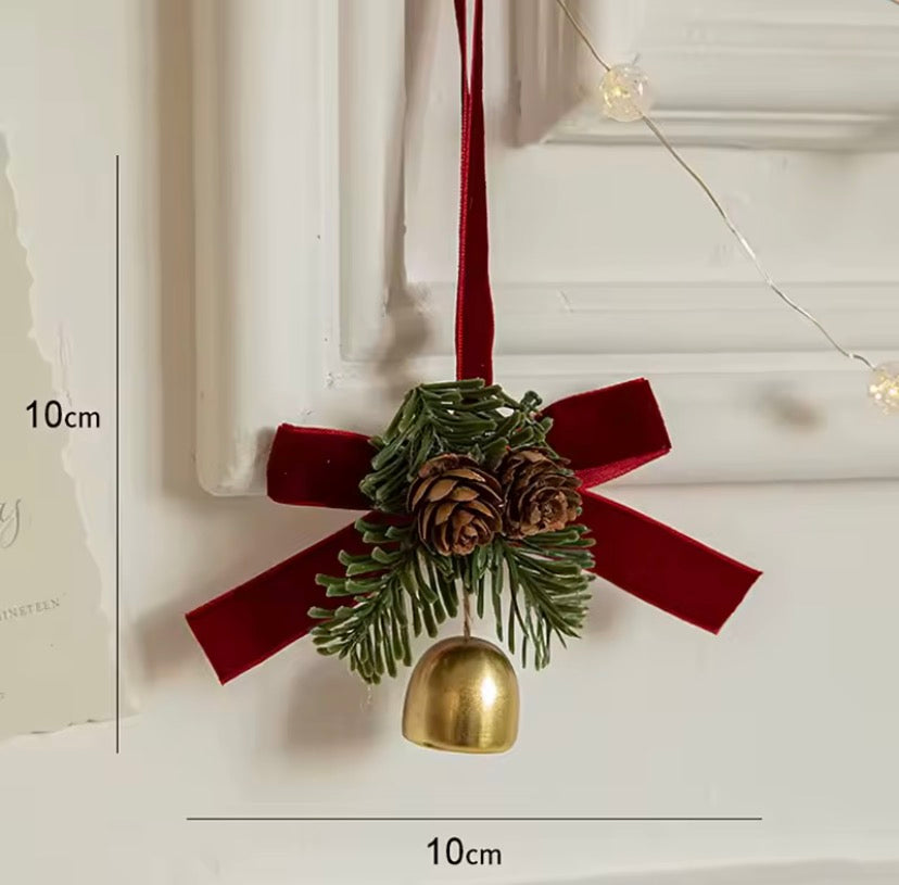 Christmas Hanging Bell Ornament with Pine Leaves & Velvet Bow