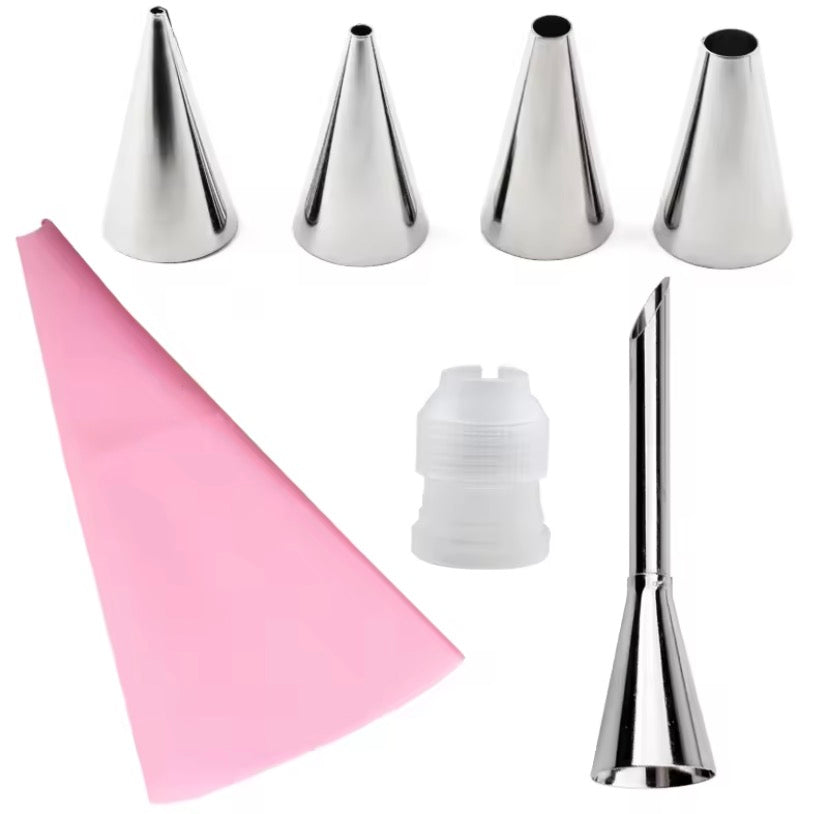 Cake Decorating Kit with Reusable Piping Bags, Stainless Steel Nozzles & Scraper Tools.