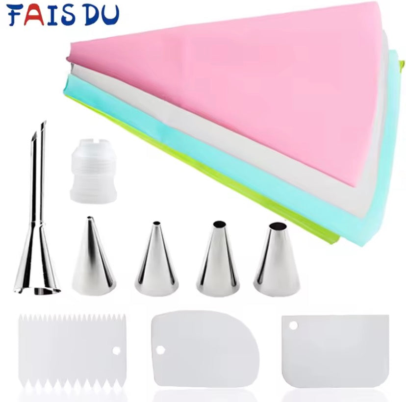 Cake Decorating Kit with Reusable Piping Bags, Stainless Steel Nozzles & Scraper Tools.