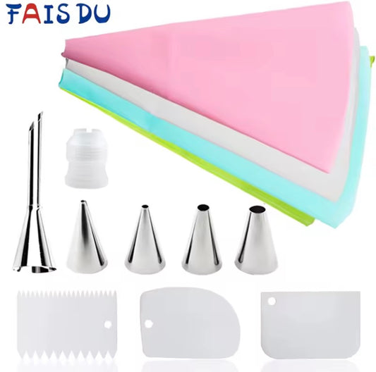 Cake Decorating Kit with Reusable Piping Bags, Stainless Steel Nozzles & Scraper Tools.
