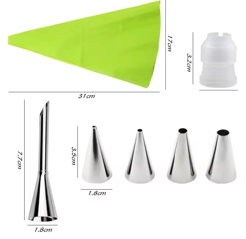 Cake Decorating Kit with Reusable Piping Bags, Stainless Steel Nozzles & Scraper Tools.