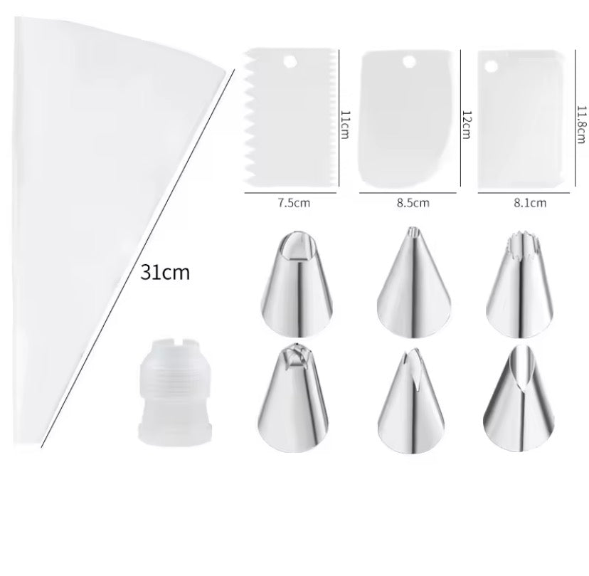 Cake Decorating Kit with Reusable Piping Bags, Stainless Steel Nozzles & Scraper Tools.