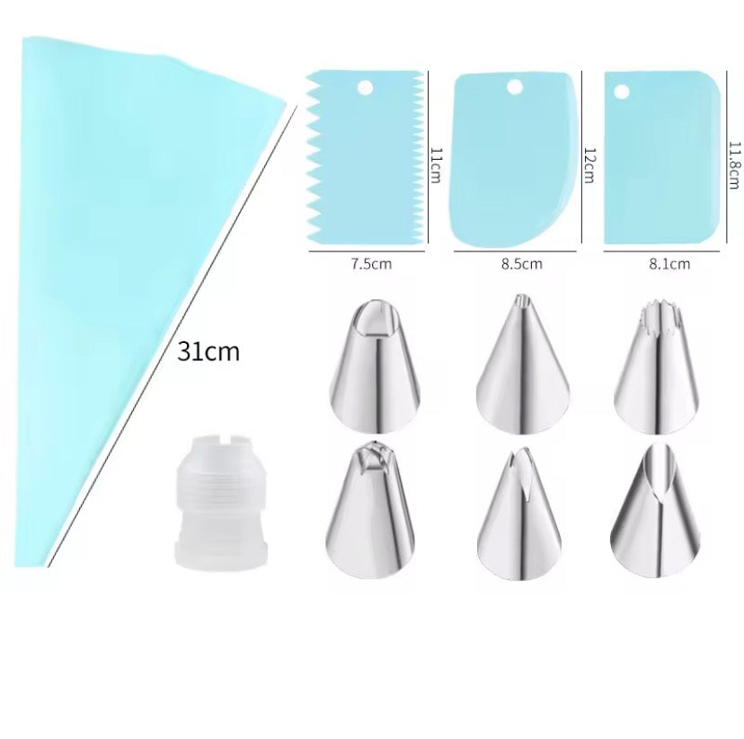 Cake Decorating Kit with Reusable Piping Bags, Stainless Steel Nozzles & Scraper Tools.