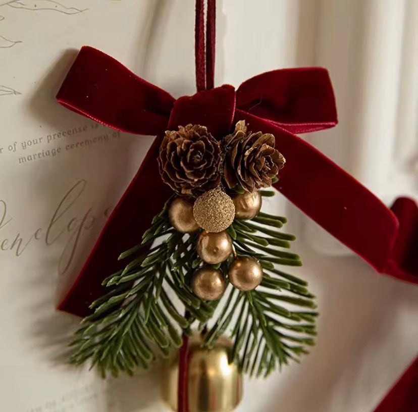 Christmas Hanging Bell Ornament with Pine Leaves & Velvet Bow