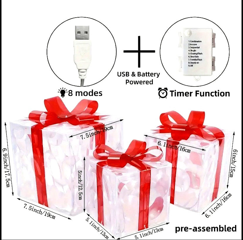 Light-Up Christmas Gift Box Decoration Set (Warm White LED)