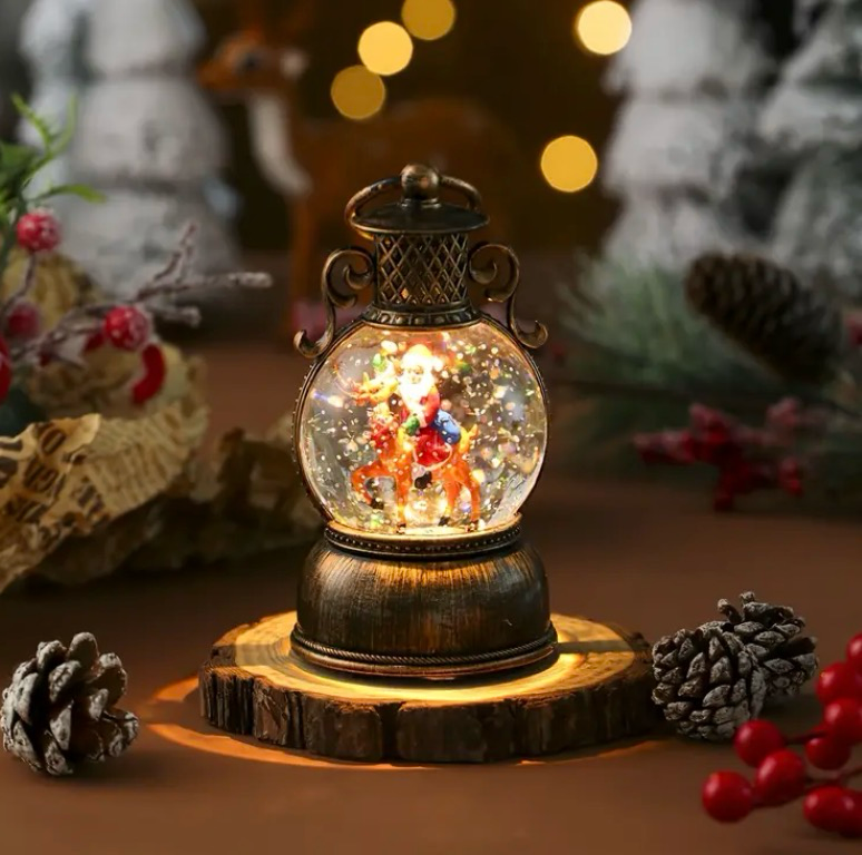 Antique Christmas snow lantern with Rotating Glitter & Warm LED Light