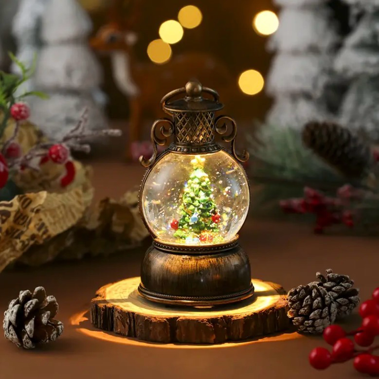 Antique Christmas snow lantern with Rotating Glitter & Warm LED Light
