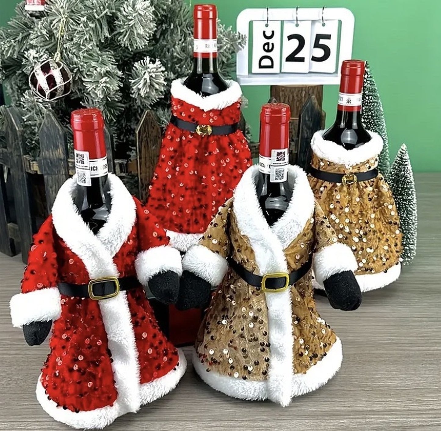 Holiday Sequin Santa Wine Bottle Outfit Set