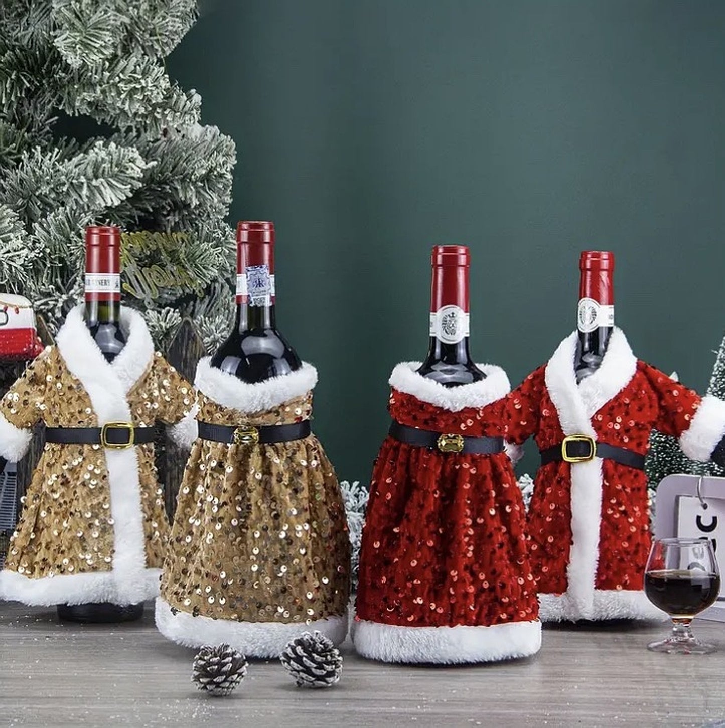 Holiday Sequin Santa Wine Bottle Outfit Set