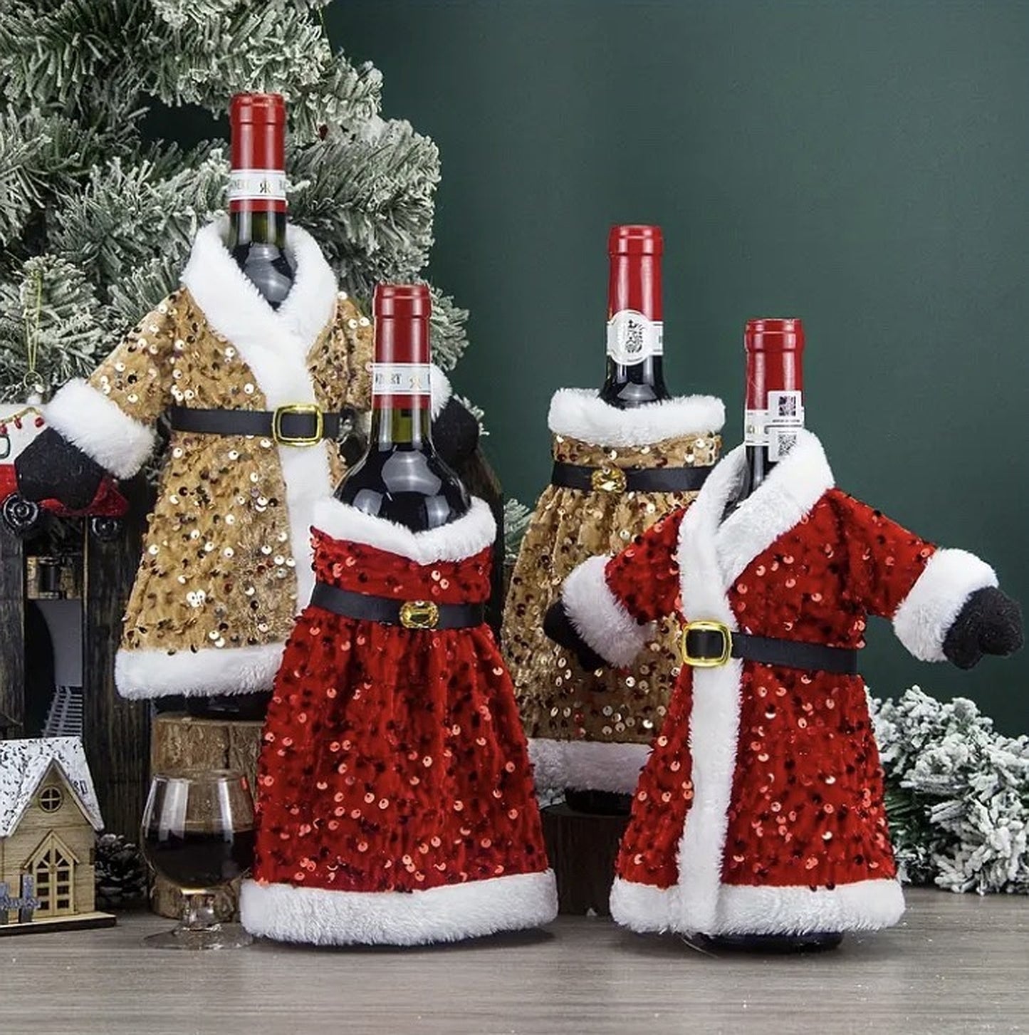 Holiday Sequin Santa Wine Bottle Outfit Set