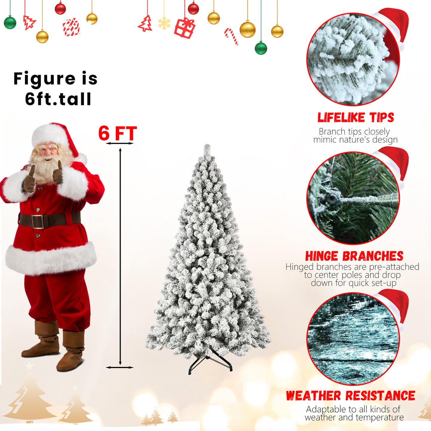 5ft 6ft 8ft 9ft Pre-Lit Flocked Christmas Tree Hinged Artificial Xmas Trees Premium PVC Branches With Lights