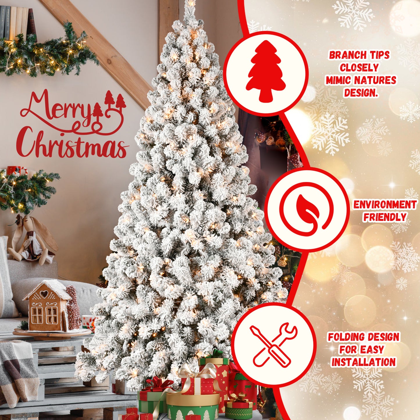 5ft 6ft 8ft 9ft Pre-Lit Flocked Christmas Tree Hinged Artificial Xmas Trees Premium PVC Branches With Lights