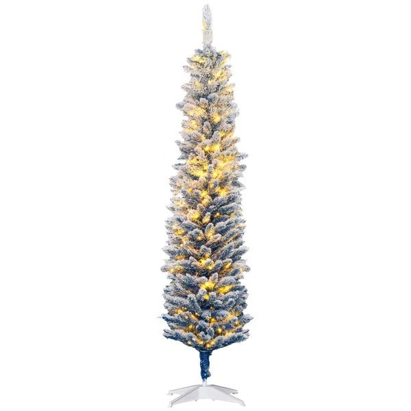 6' Flocked Christmas Trees, Pencil Prelit Artificial Christmas Tree With Snow Branches, Blue