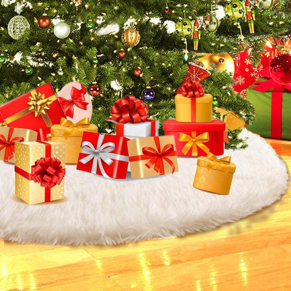 White Christmas Tree Skirt Plush Faux Fur Xmas Tree Carpet.