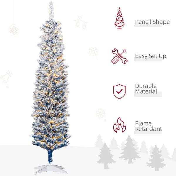 6' Flocked Christmas Trees, Pencil Prelit Artificial Christmas Tree With Snow Branches, Blue