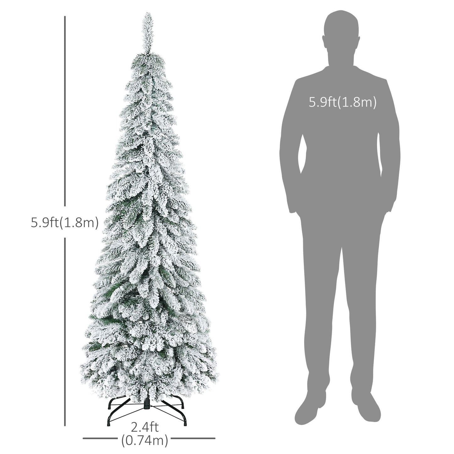 6' Artificial Slim Flocked Christmas Trees, With Snow Frosted Branches, Downswept Shape, Steel Base