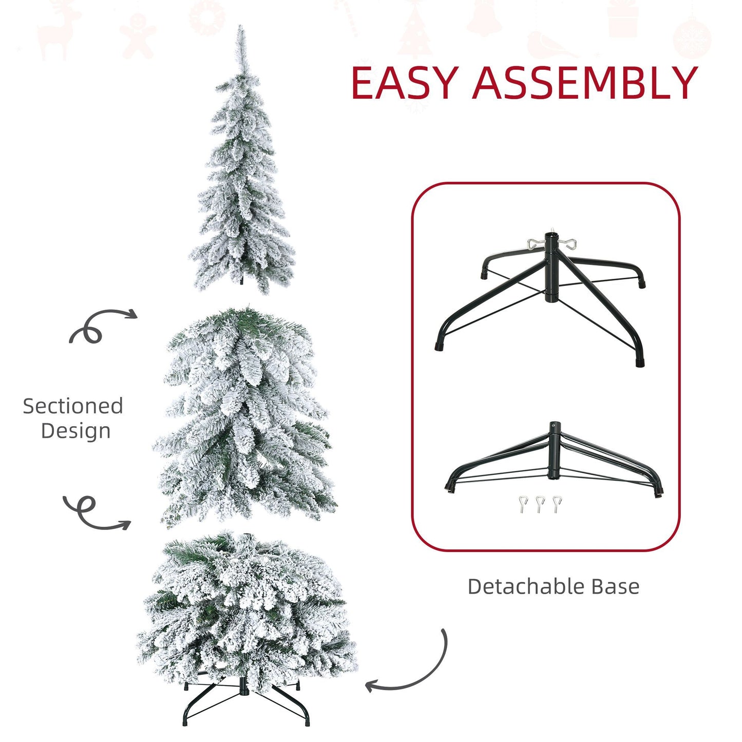 6' Artificial Slim Flocked Christmas Trees, With Snow Frosted Branches, Downswept Shape, Steel Base