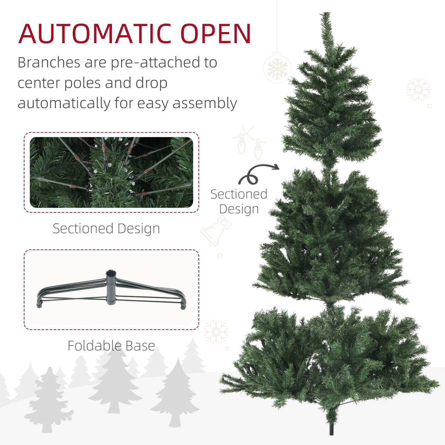 6ft Artificial Christmas Trees With Auto Open And Steel Base, Green
