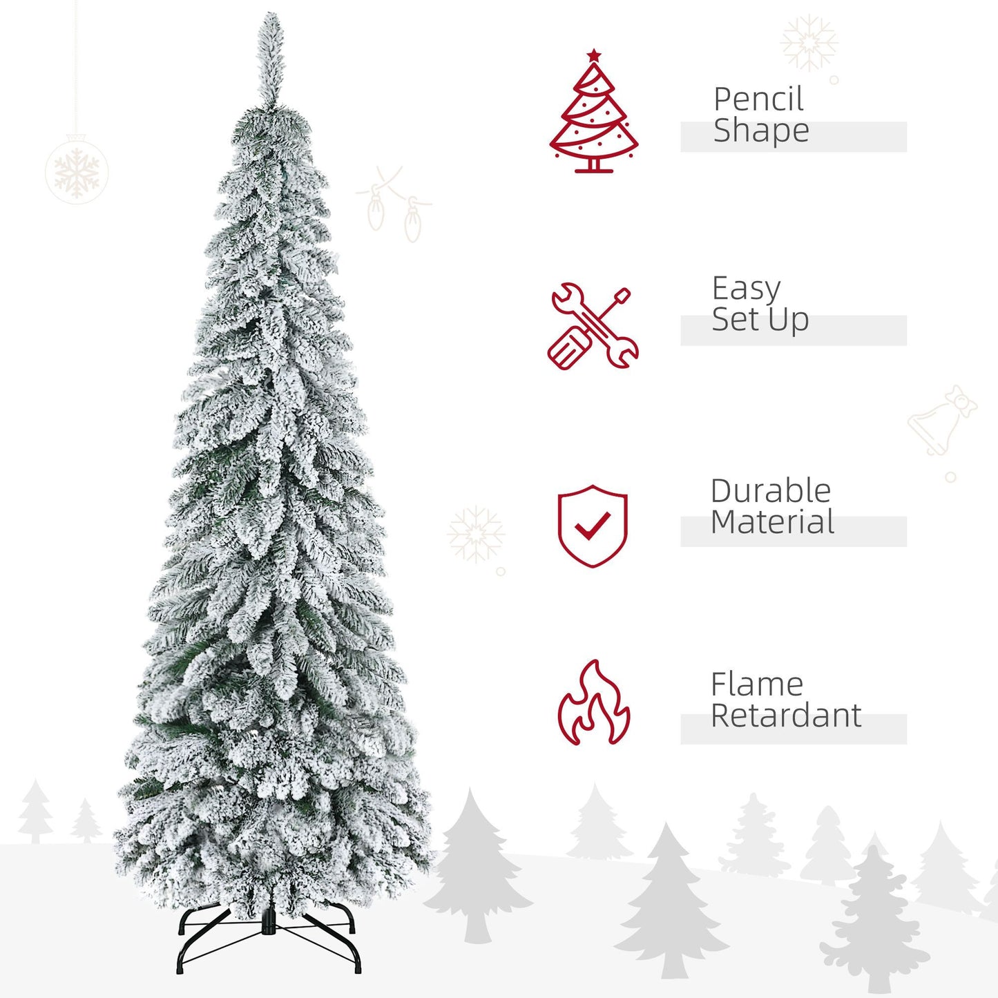 6' Artificial Slim Flocked Christmas Trees, With Snow Frosted Branches, Downswept Shape, Steel Base
