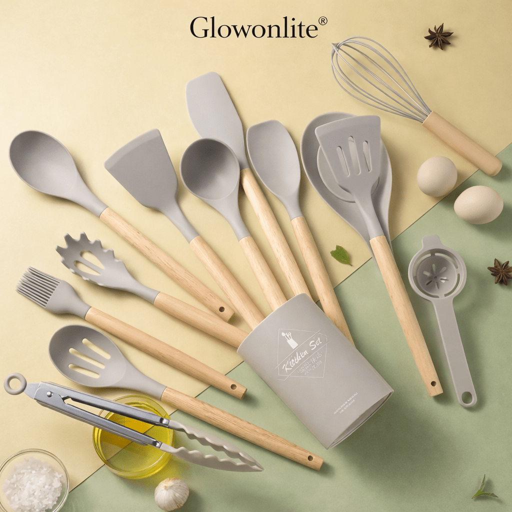 Glowonlite® Premium Silicone Kitchen Utensil Set (12 - Piece) with Wooden Handles - Glowonlite - Glowonlite