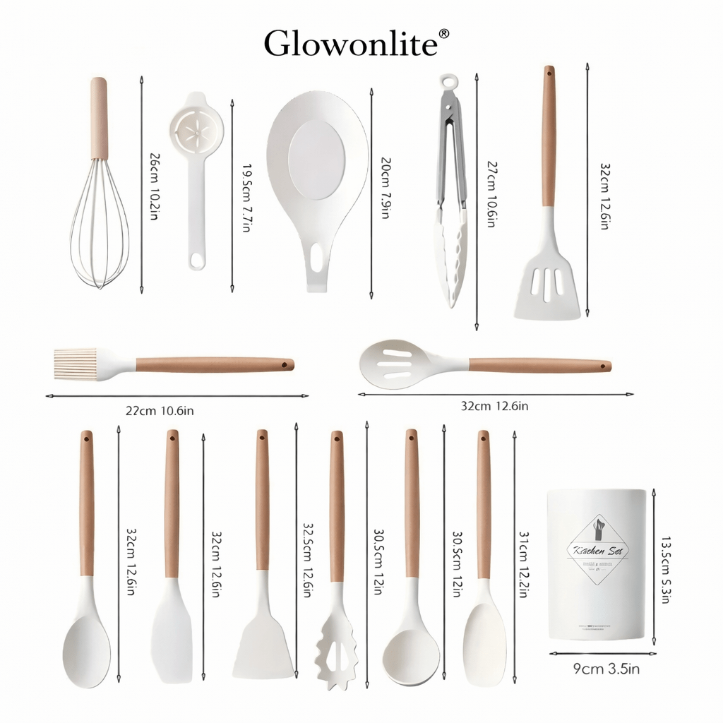 Glowonlite® Premium Silicone Kitchen Utensil Set (12 - Piece) with Wooden Handles - Glowonlite - Glowonlite