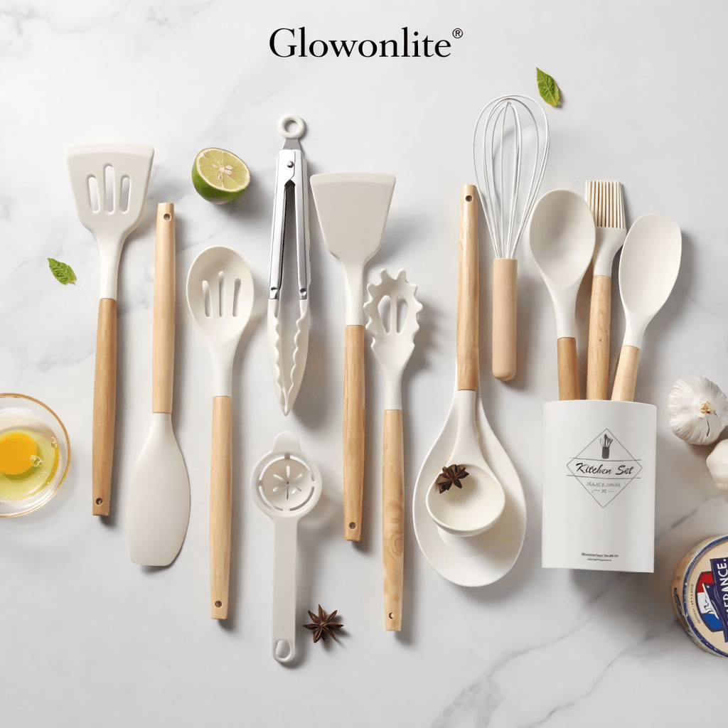 Glowonlite® Premium Silicone Kitchen Utensil Set (12 - Piece) with Wooden Handles - Glowonlite - Glowonlite