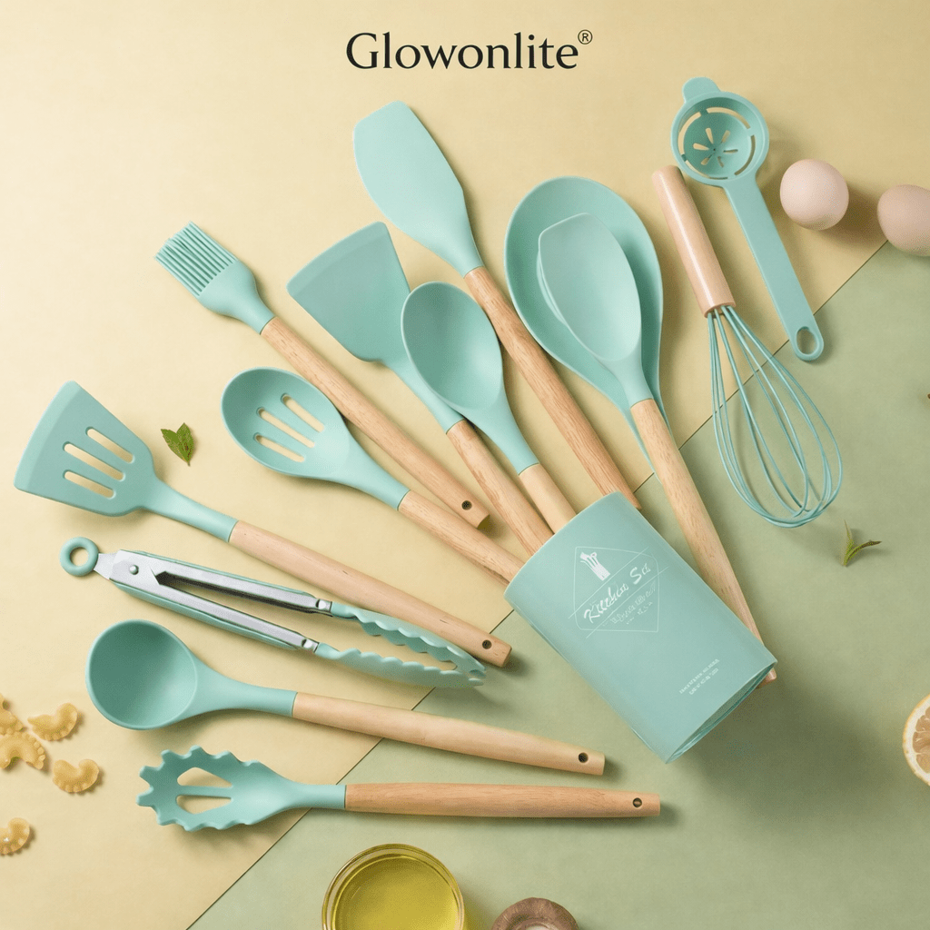 Glowonlite® Premium Silicone Kitchen Utensil Set (12 - Piece) with Wooden Handles - Glowonlite - Glowonlite