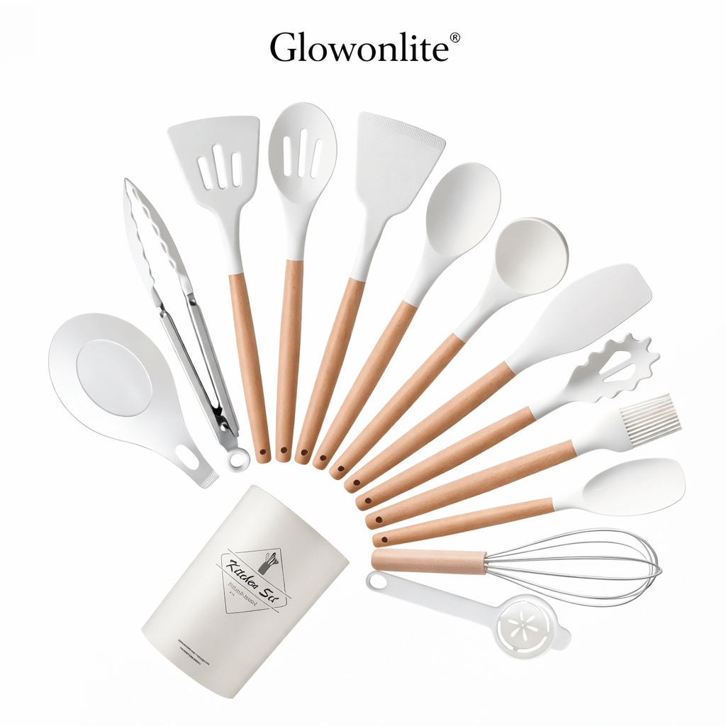 Glowonlite® Premium Silicone Kitchen Utensil Set (12 - Piece) with Wooden Handles - Glowonlite - Glowonlite