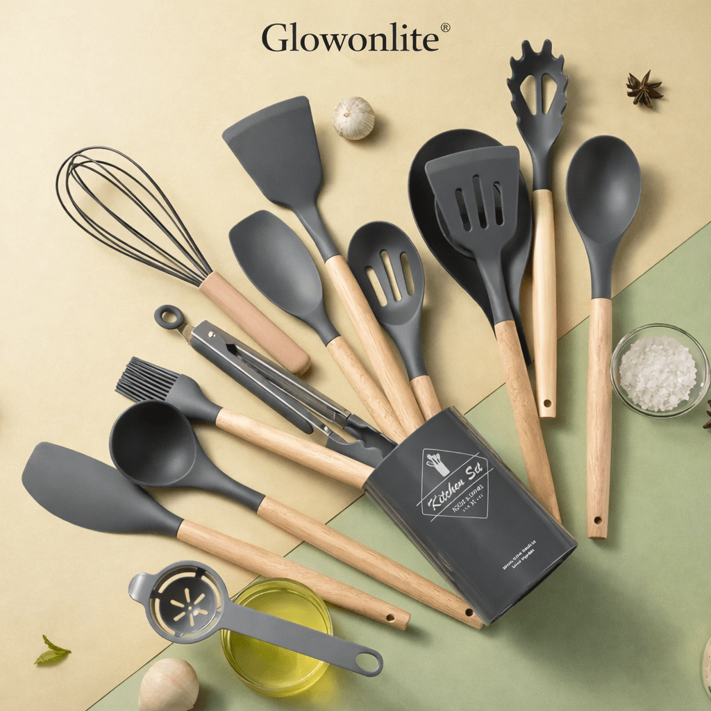 Glowonlite® Premium Silicone Kitchen Utensil Set (12 - Piece) with Wooden Handles - Glowonlite - Glowonlite