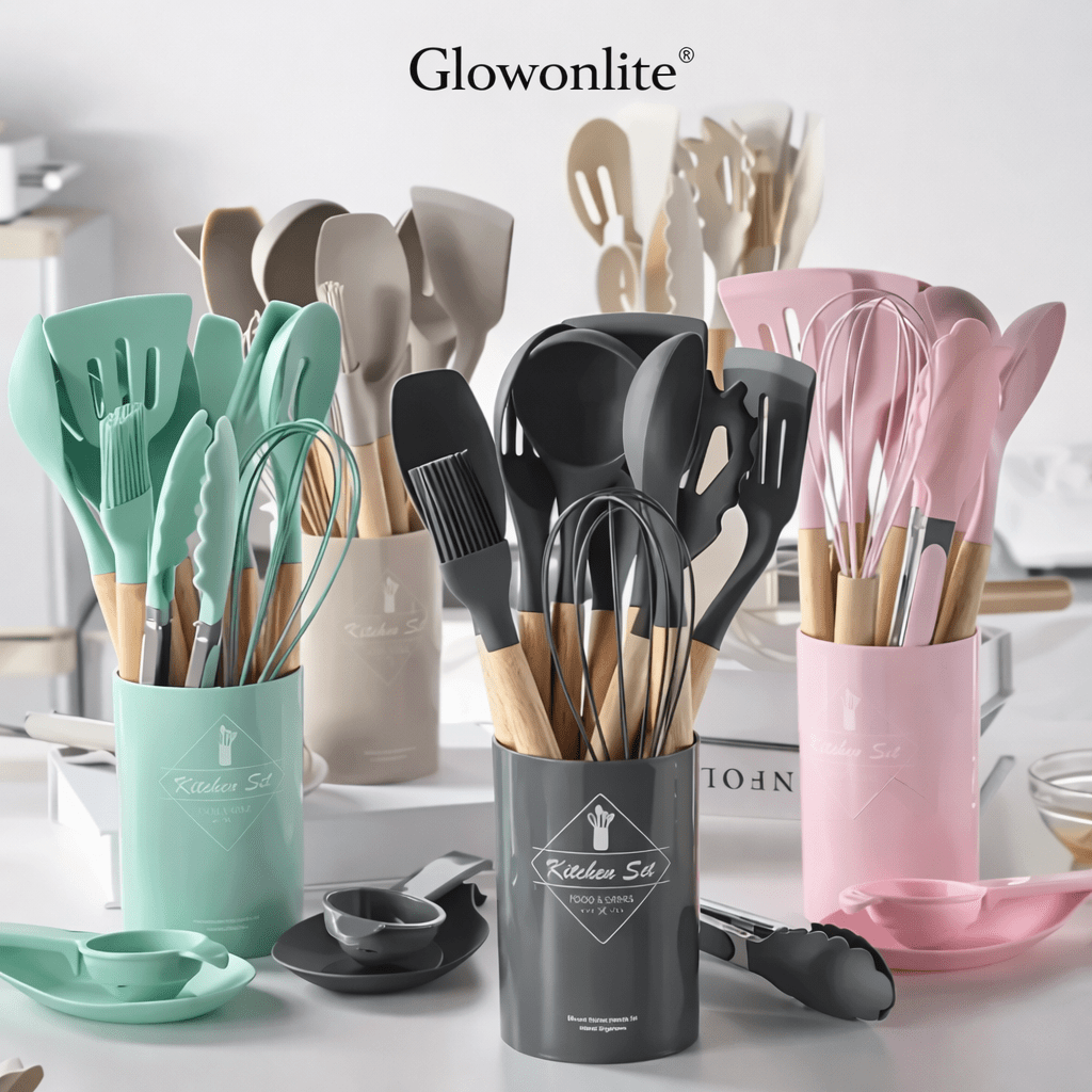 Glowonlite® Premium Silicone Kitchen Utensil Set (12 - Piece) with Wooden Handles - Glowonlite - Glowonlite