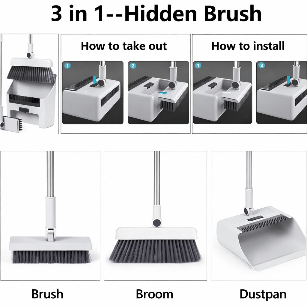  - in - 1 Upright Broom & Dustpan Set with Hidden Brush – No - Touch Hair Cleaning - Glowonlite - Glowonlite